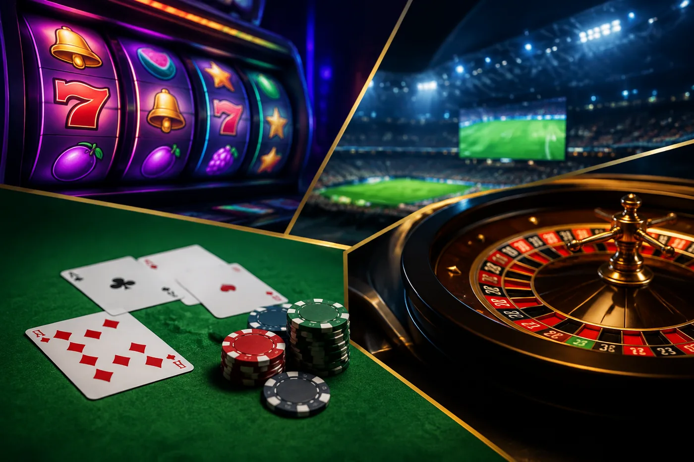 Kolase kategori slot, permainan meja, dan taruhan olahraga